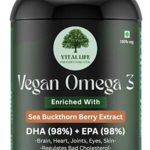VITAL LIFE Vegan Omega 3 – 98% DHA & EPA Capsules with Sea Buckthorn, Algal DHA & Flaxseed – 60 Caps