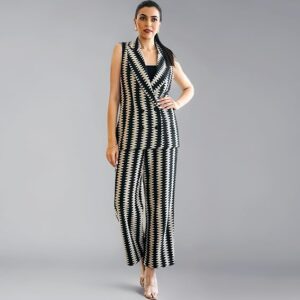 GRECIILOOKS Stylish Women’s Co-Ord Set Black Sleeveless Blazer with Wide-Leg Pants