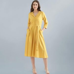 SAADAA Linen Flared Dress with Belt