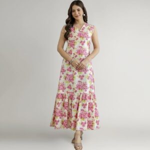 Daevish Cotton Floral Printed Flared Maxi Dress in Purple