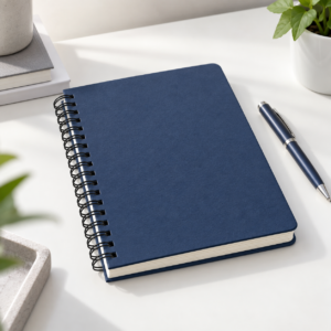 Editorial illustration of an A5 hard-bound wire-o notebook; not the exact Amazon listing image