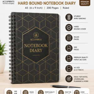 Accuprints Wiro Hard Bound A5 6 by 9 Inch Notebook Diary Ruled 200 Pages