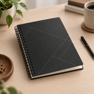 Editorial image of a generic black hard-bound wire-o notebook; not the exact Amazon product photograph
