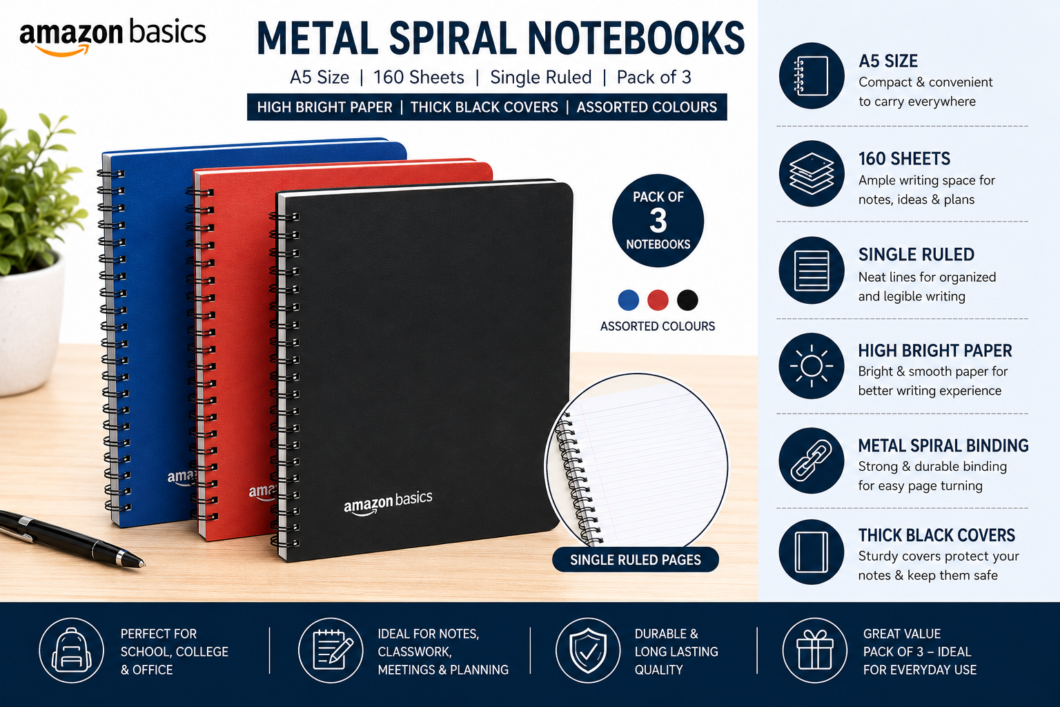 Amazon Basics Metal Spiral Notebooks