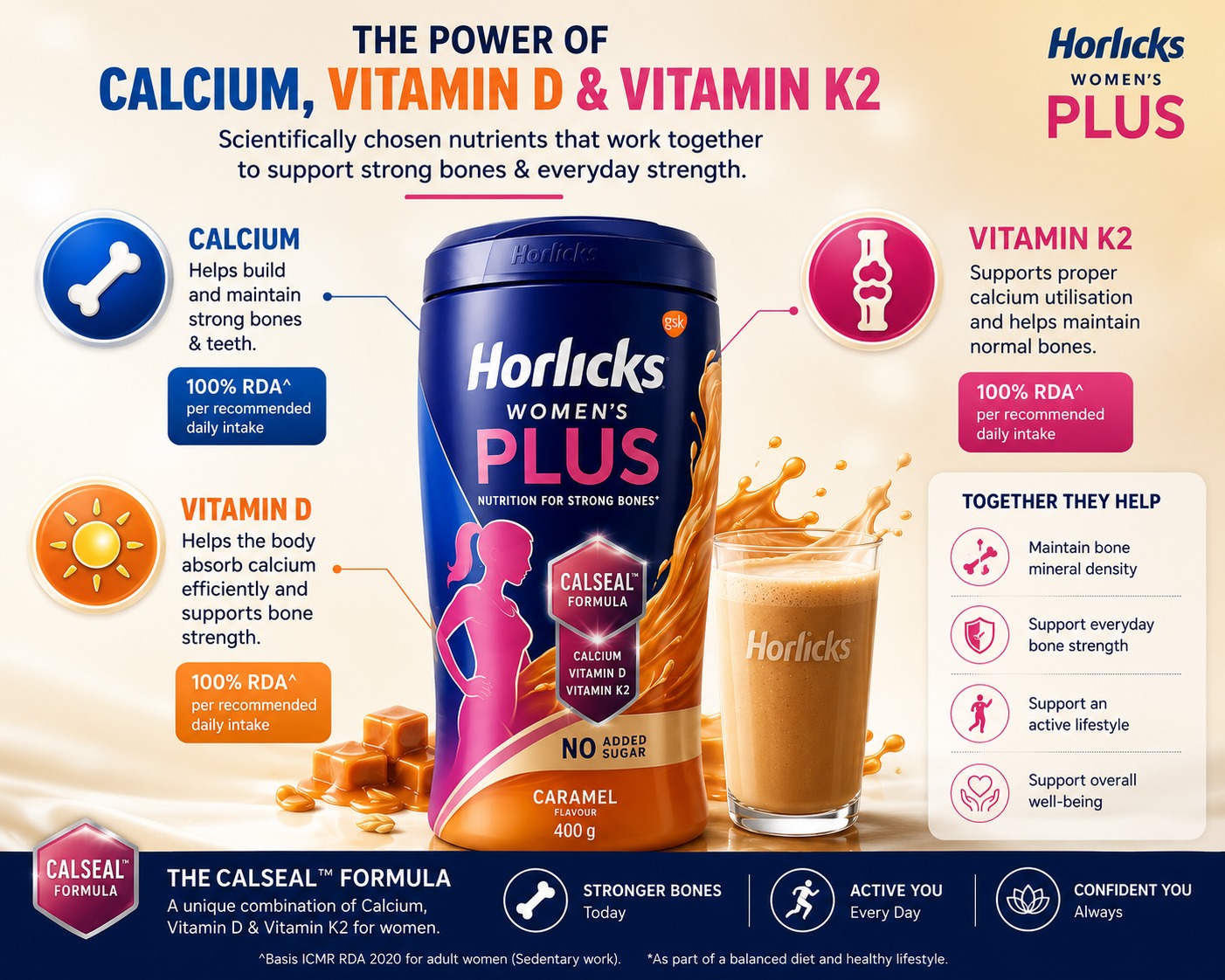 Horlicks Women’s Plus Caramel 400g – Nutrition Drink with Calcium, Vitamin D & K2 for Women - Image 3