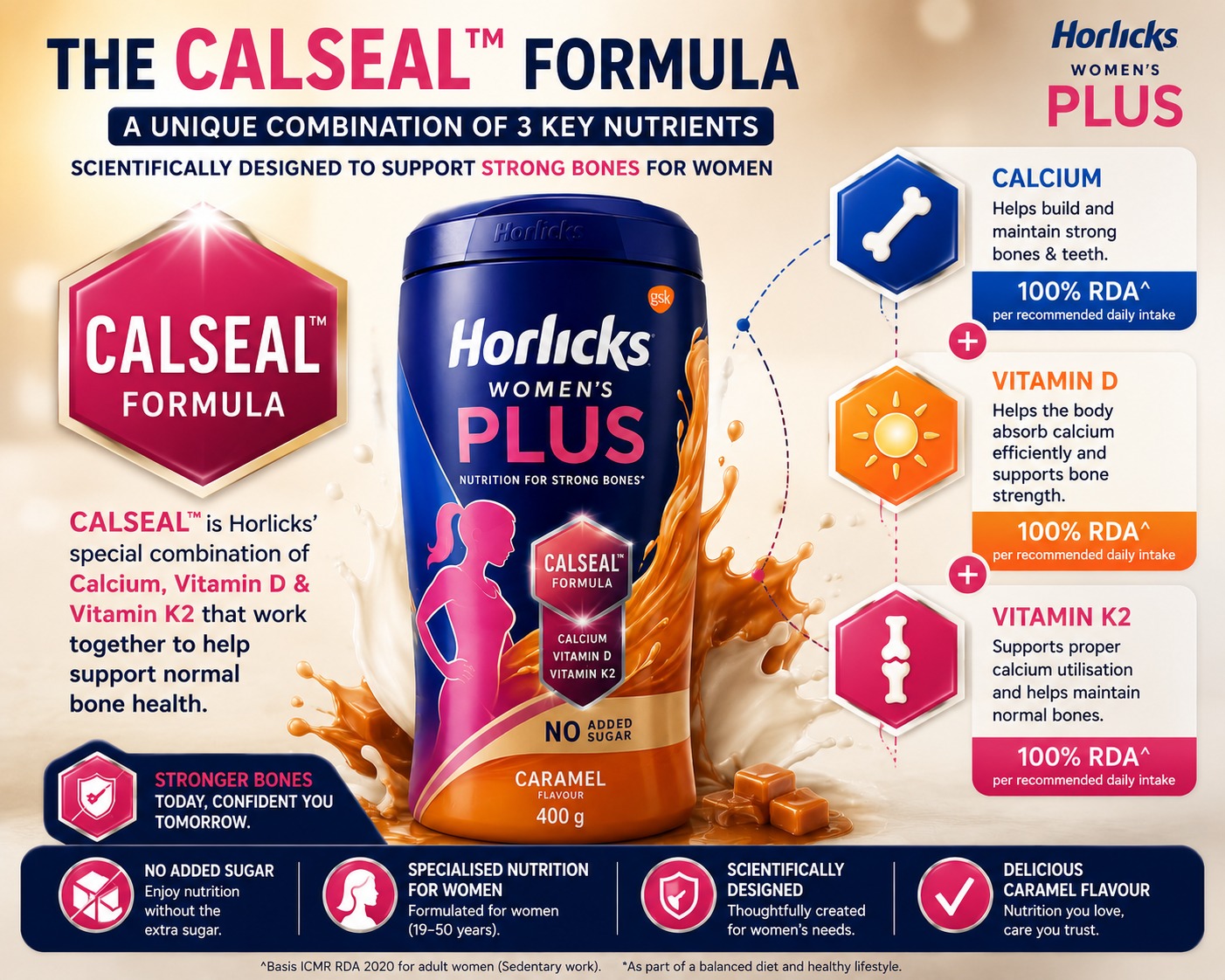 Horlicks Women’s Plus Caramel 400g – Nutrition Drink with Calcium, Vitamin D & K2 for Women - Image 4