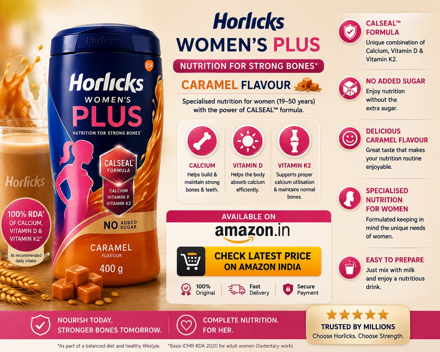 Horlicks Women’s Plus Caramel 400g – Nutrition Drink with Calcium, Vitamin D & K2 for Women - Image 7