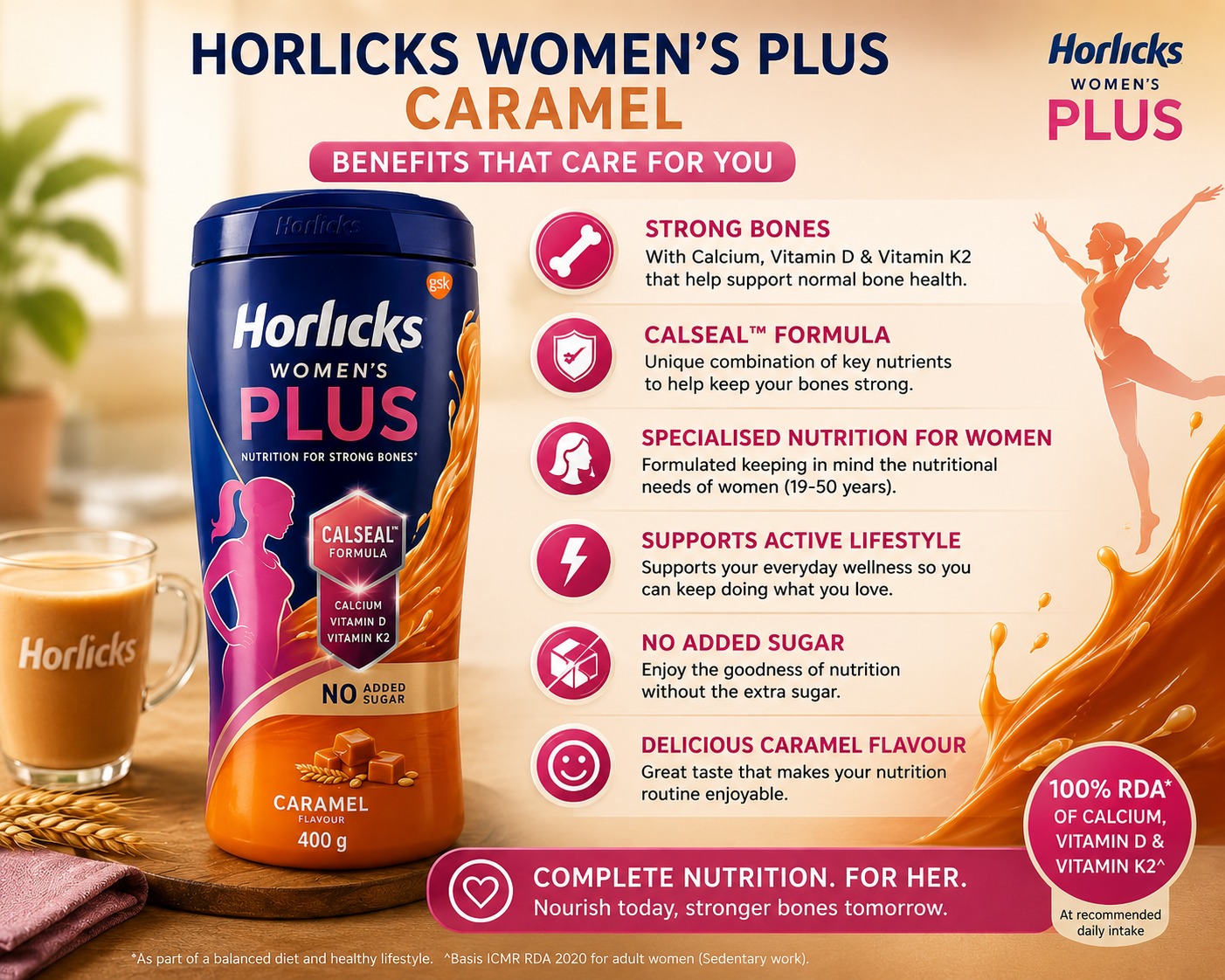 Horlicks Women’s Plus Caramel 400g – Nutrition Drink with Calcium, Vitamin D & K2 for Women - Image 2