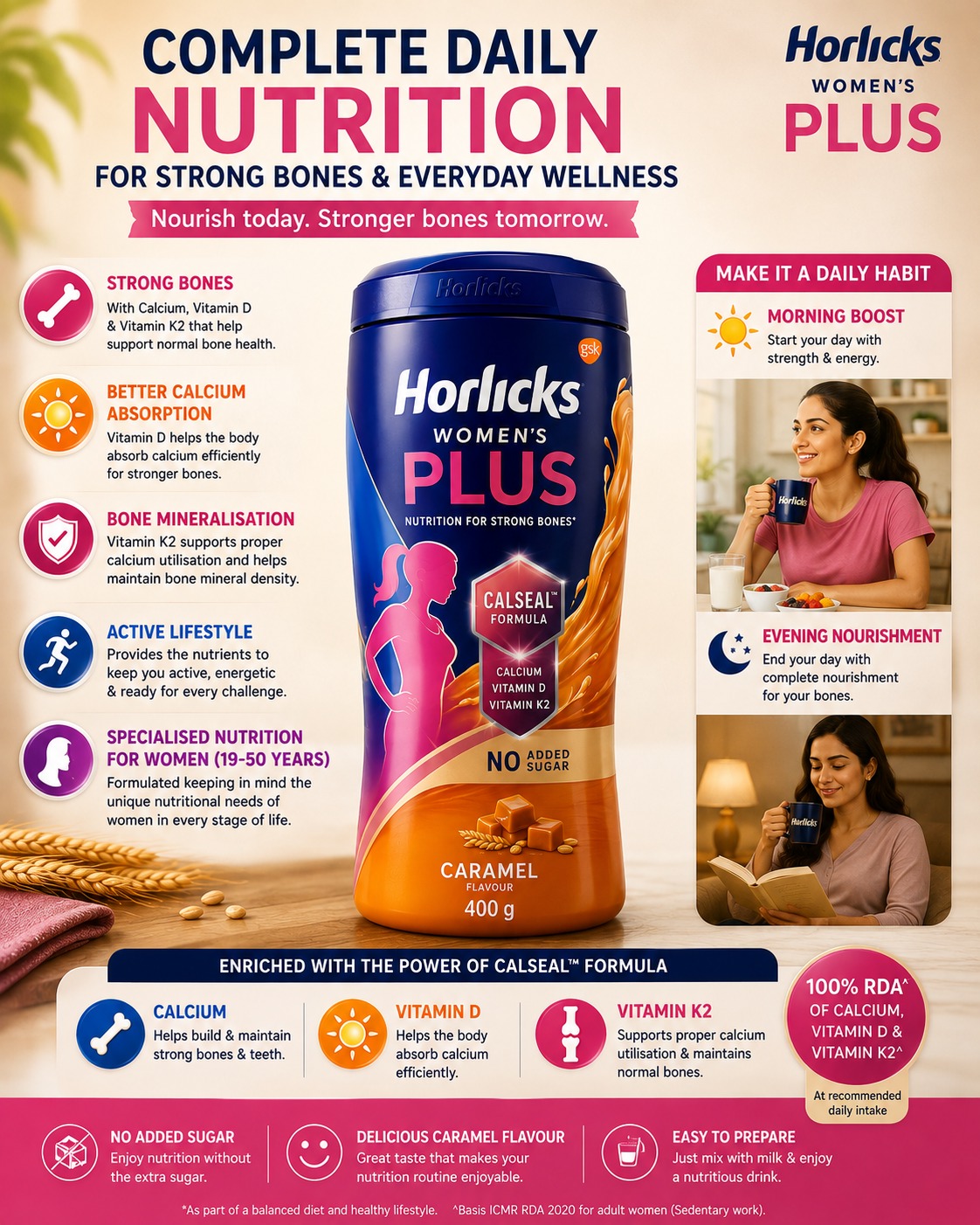 Horlicks Women’s Plus Caramel 400g – Nutrition Drink with Calcium, Vitamin D & K2 for Women - Image 6