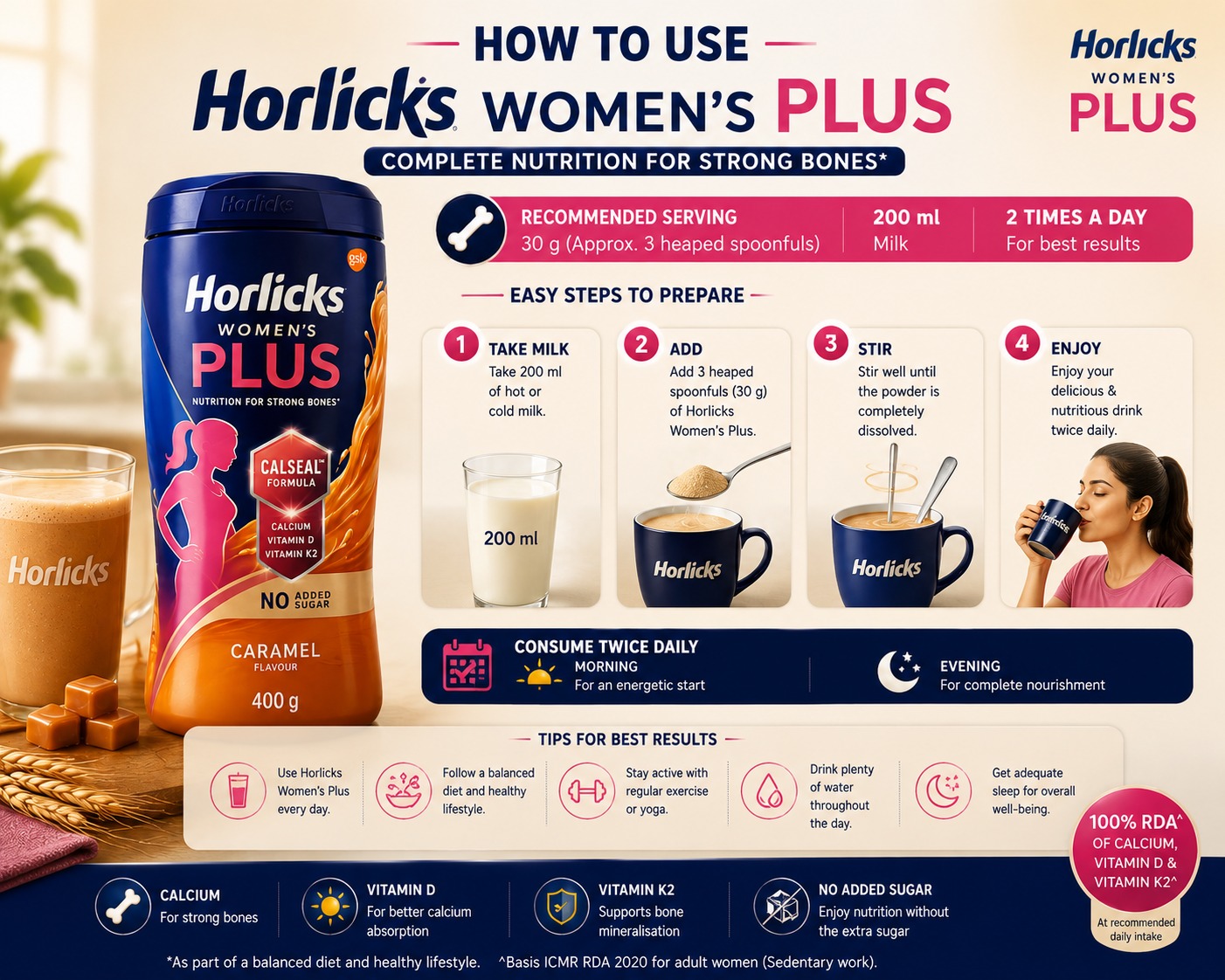 Horlicks Women’s Plus Caramel 400g – Nutrition Drink with Calcium, Vitamin D & K2 for Women - Image 5