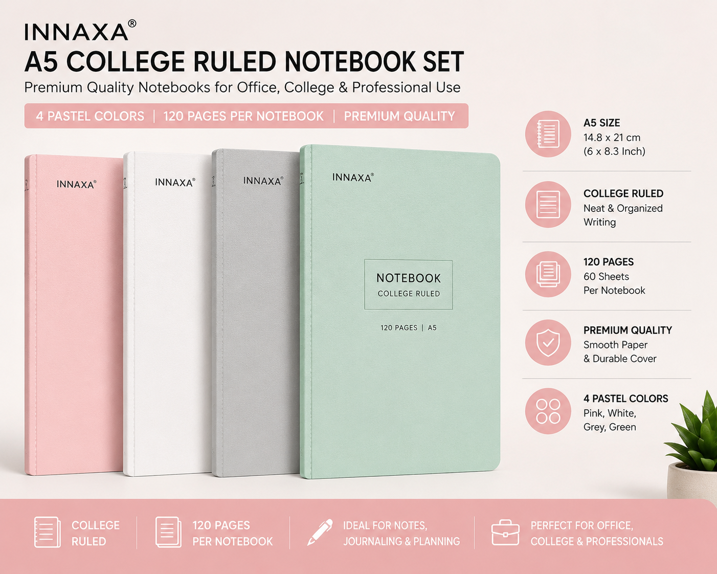 INNAXA A5 College Ruled Notebook Set 4 Pastel Colors 120 Pages Each