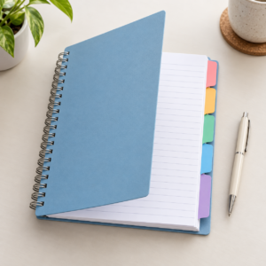 Editorial illustration of a five-subject A5 spiral notebook with ruled pages; not the exact Luxor product