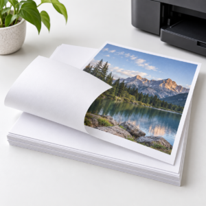 Editorial visualisation of A4 matte photo paper sheets beside a printer; not a photograph of the VMS product or its packaging.