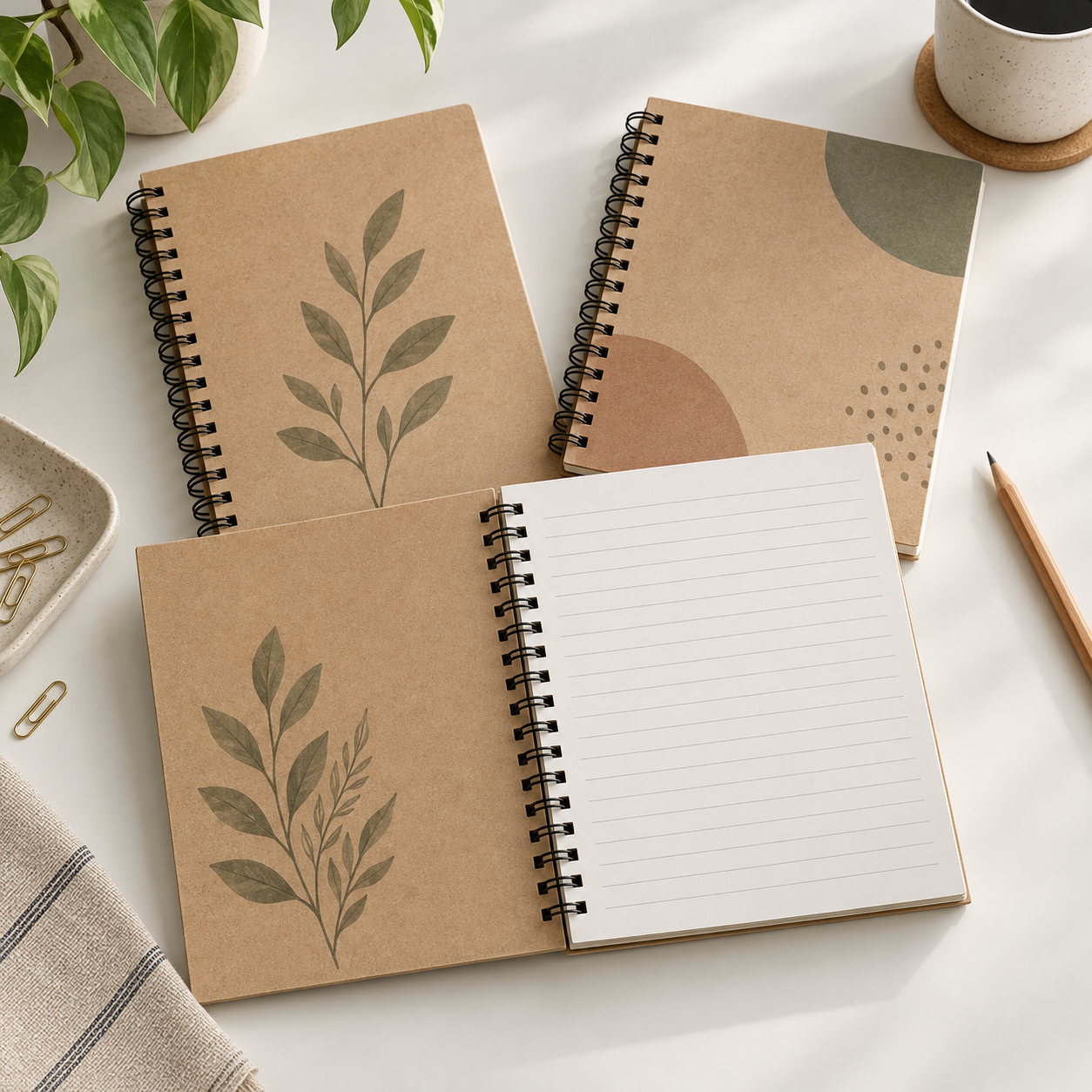 Editorial illustration for Solimo A5 spiral notebooks: three generic kraft-cover spiral books; not the exact Amazon product.