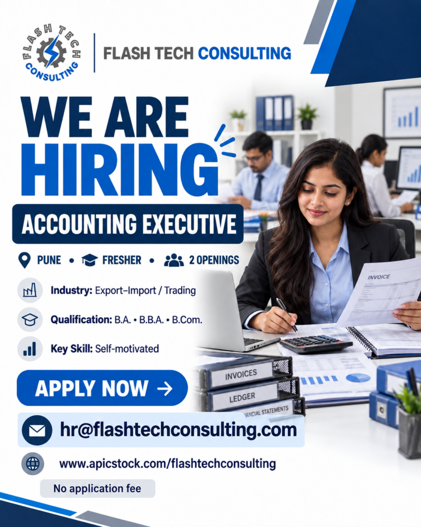 Flash Tech Consulting hiring poster for Accounting Executive in Pune, open to freshers with B.A., B.B.A., or B.Com qualifications.