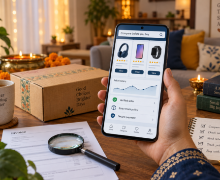 Amazon Great Indian Festival 2026 shopper comparing prices, seller details and return policies on a mobile phone