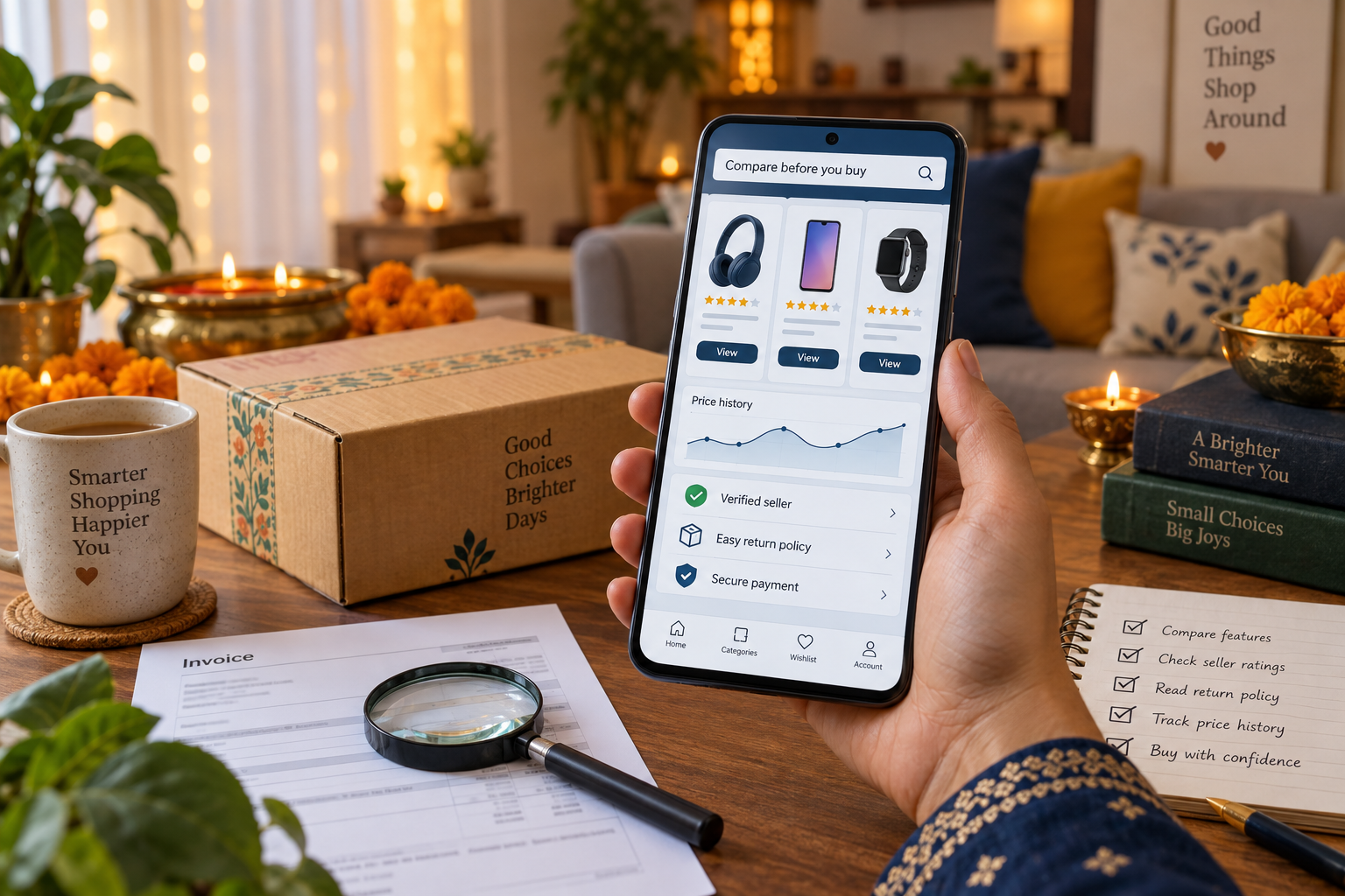Amazon Great Indian Festival 2026 shopper comparing prices, seller details and return policies on a mobile phone