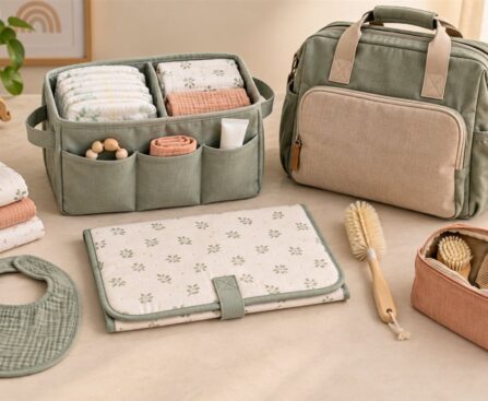 Practical baby-care essentials including diaper organiser, muslin cloths, changing mat and diaper bag