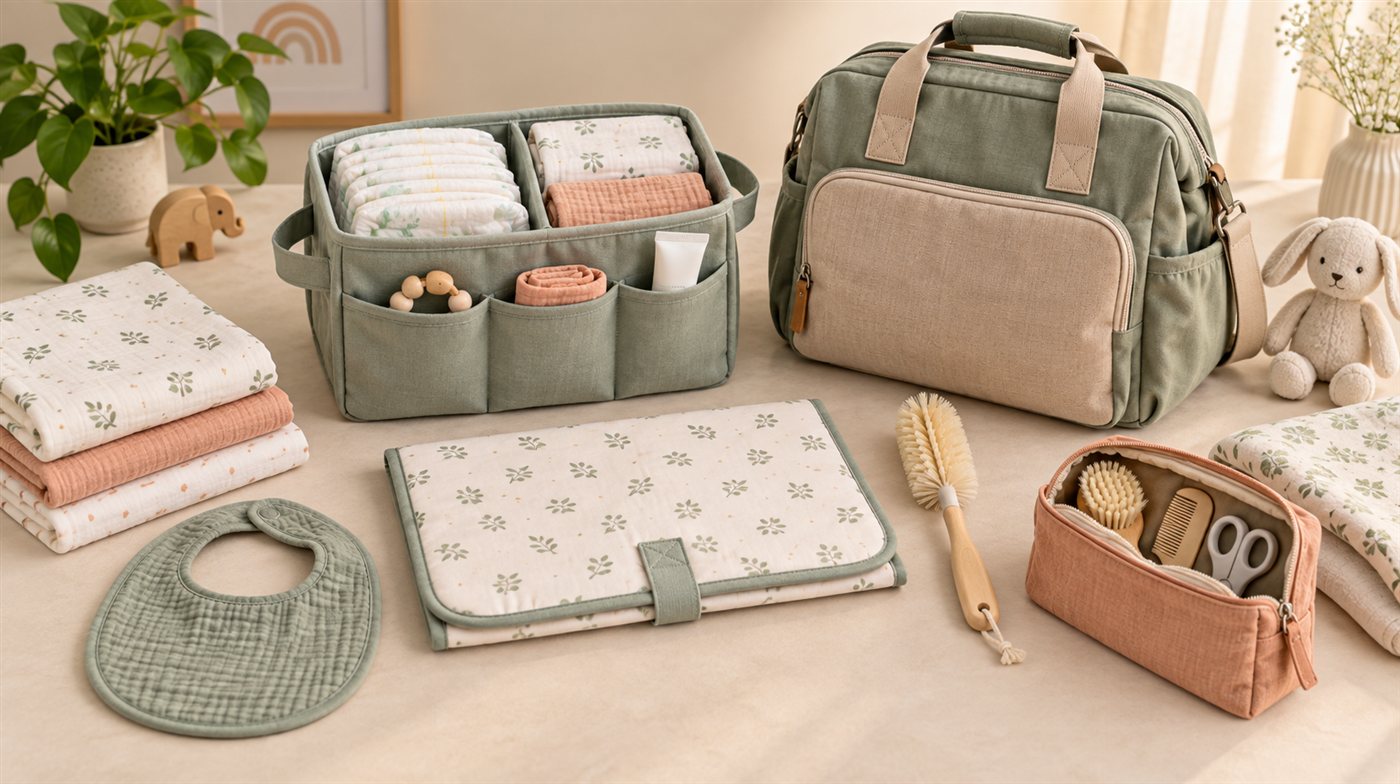 Practical baby-care essentials including diaper organiser, muslin cloths, changing mat and diaper bag