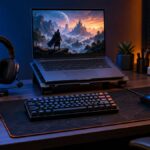 Budget gaming setup under ₹10,000 with laptop, keyboard, mouse, headset, controller and safe power strip