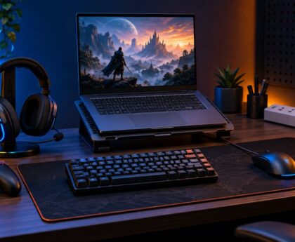 Budget gaming setup under ₹10,000 with laptop, keyboard, mouse, headset, controller and safe power strip