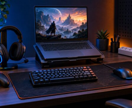 Budget gaming setup under ₹10,000 with laptop, keyboard, mouse, headset, controller and safe power strip