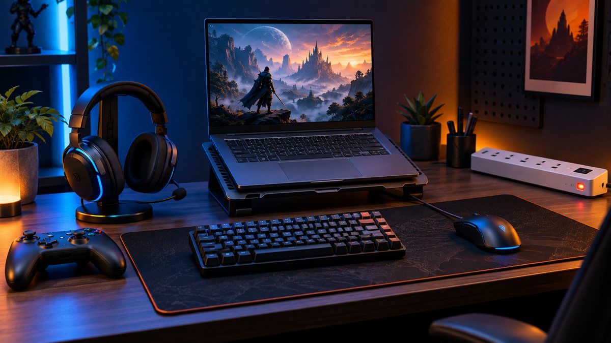 Budget gaming setup under ₹10,000 with laptop, keyboard, mouse, headset, controller and safe power strip