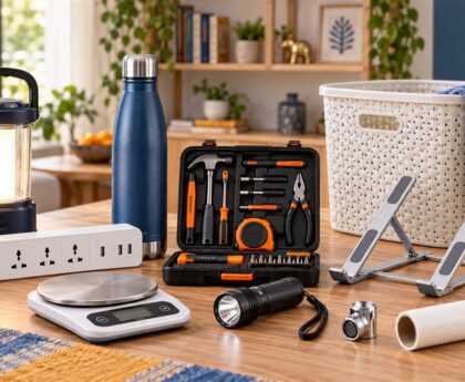 Practical daily-use products for Indian homes including an emergency light, power strip, kitchen scale, toolkit and laptop stand