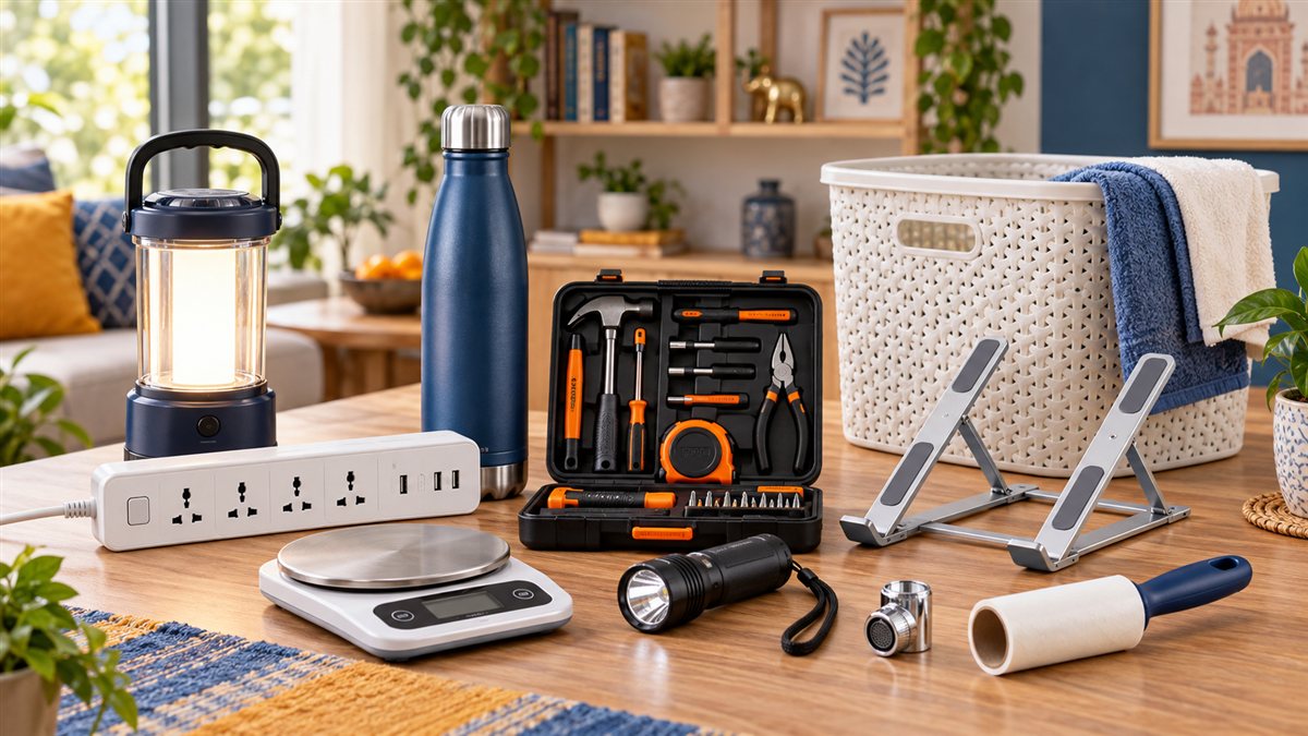 Practical daily-use products for Indian homes including an emergency light, power strip, kitchen scale, toolkit and laptop stand
