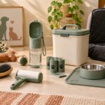 Useful pet-care products including grooming brush, hair remover, water bottle, feeding mat and car-seat cover