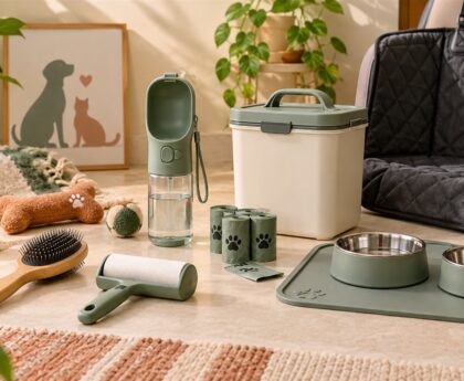 Useful pet-care products including grooming brush, hair remover, water bottle, feeding mat and car-seat cover
