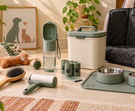 Useful pet-care products including grooming brush, hair remover, water bottle, feeding mat and car-seat cover