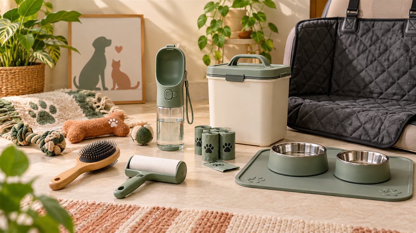 Useful pet-care products including grooming brush, hair remover, water bottle, feeding mat and car-seat cover