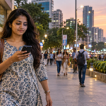 Adult woman using a smartphone on a well-lit city walkway at dusk