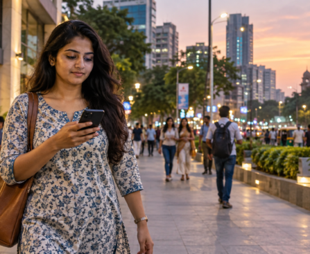 Adult woman using a smartphone on a well-lit city walkway at dusk