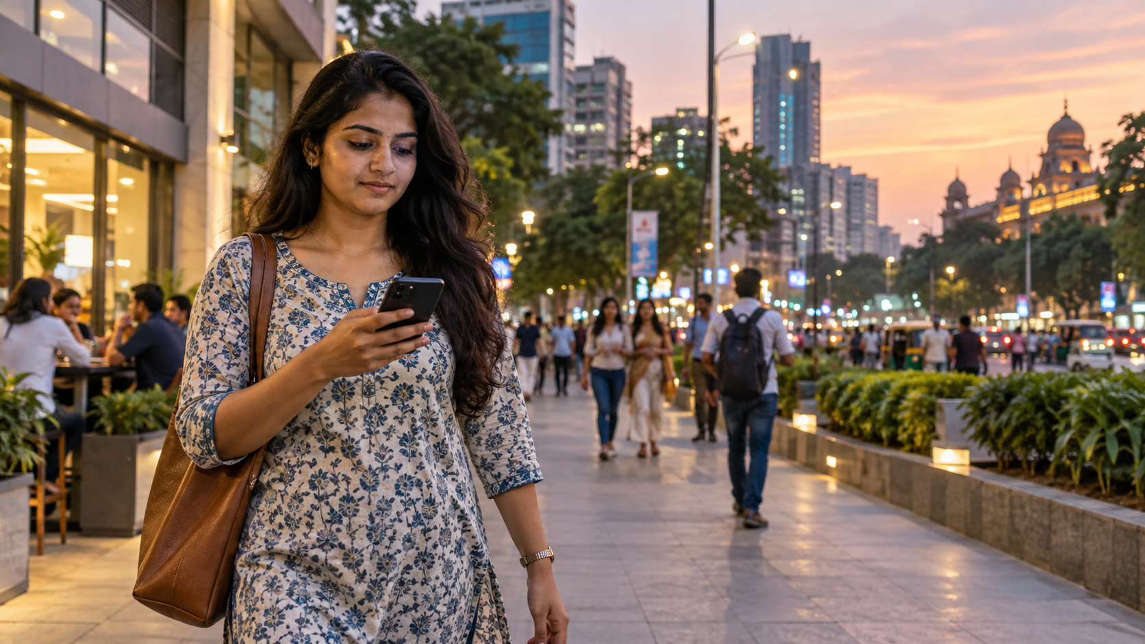 Adult woman using a smartphone on a well-lit city walkway at dusk