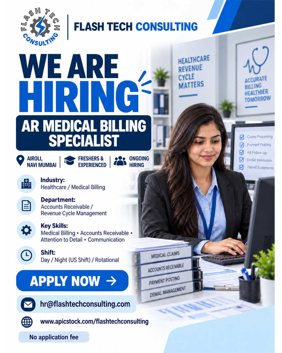 Flash Tech Consulting hiring poster for AR Medical Billing Specialist in Airoli, Navi Mumbai, for freshers and experienced candidates.