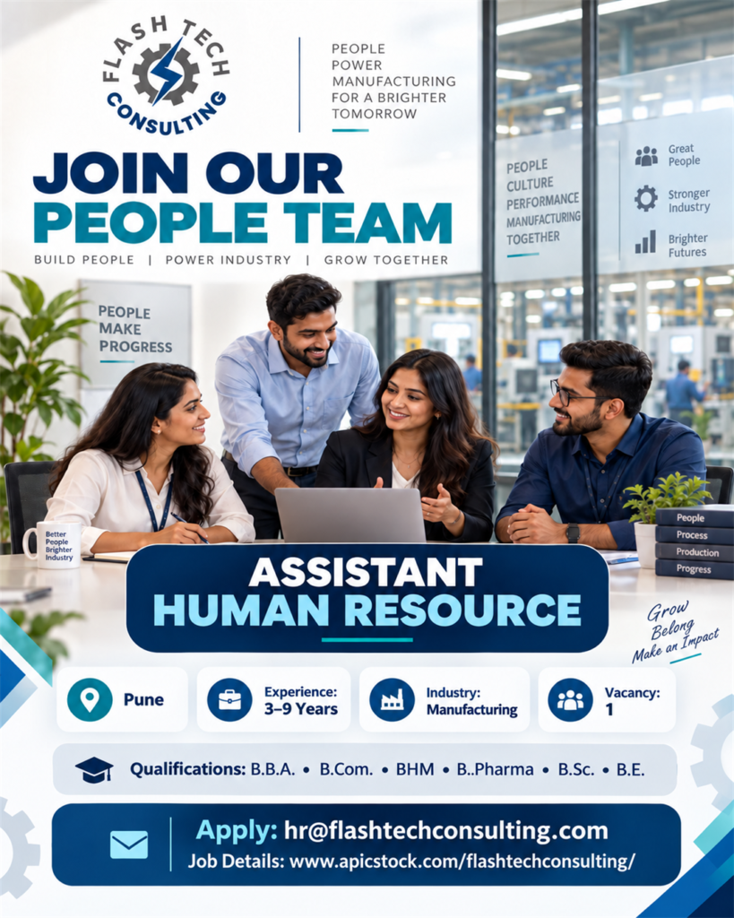 Flash Tech Consulting hiring poster for Assistant Human Resource in Pune, requiring 3–9 years of experience in manufacturing HR.