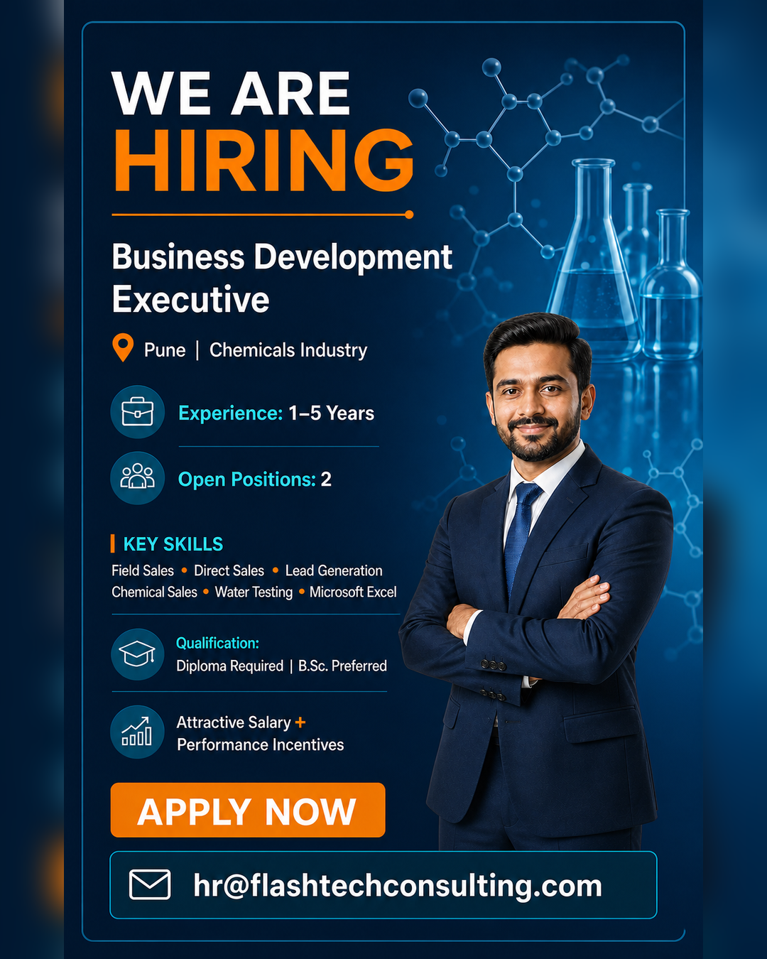 Flash Tech Consulting hiring poster for Business Development Executive in Pune, requiring 1–5 years of chemical sales and water-testing experience.