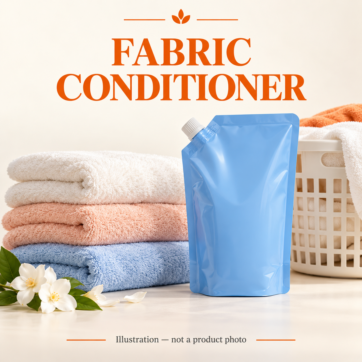 Editorial illustration of folded towels, a laundry basket and unbranded fabric conditioner refill; not a product photograph.