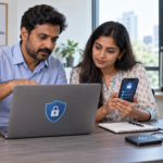Indian small-business team reviewing cybersecurity settings on a laptop and smartphone