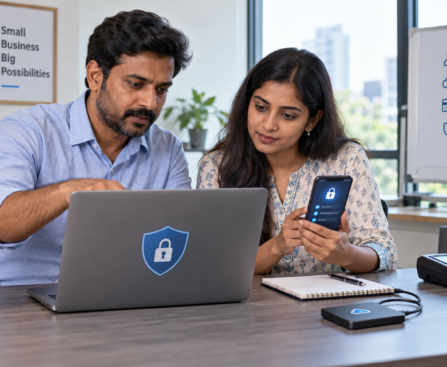 Indian small-business team reviewing cybersecurity settings on a laptop and smartphone