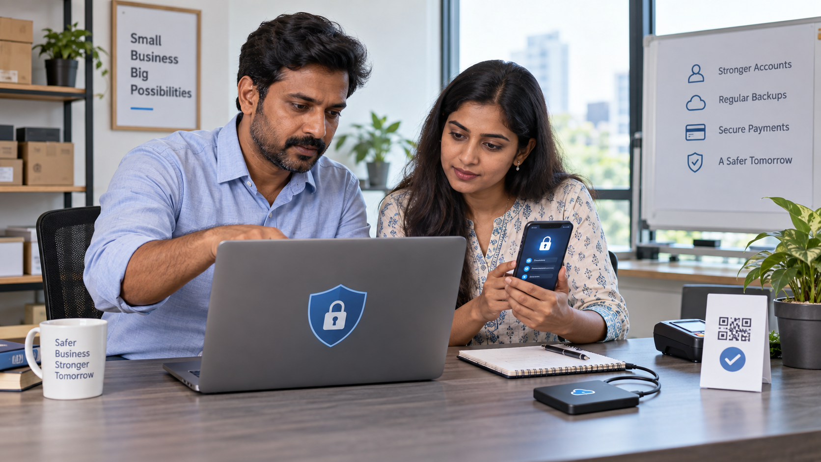 Indian small-business team reviewing cybersecurity settings on a laptop and smartphone