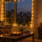 Illustration of warm decorative lights in a living room and a separate rechargeable lantern for backup lighting