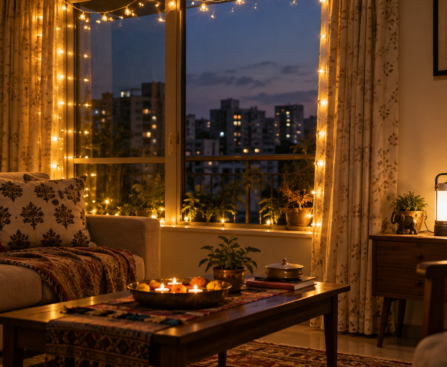 Illustration of warm decorative lights in a living room and a separate rechargeable lantern for backup lighting