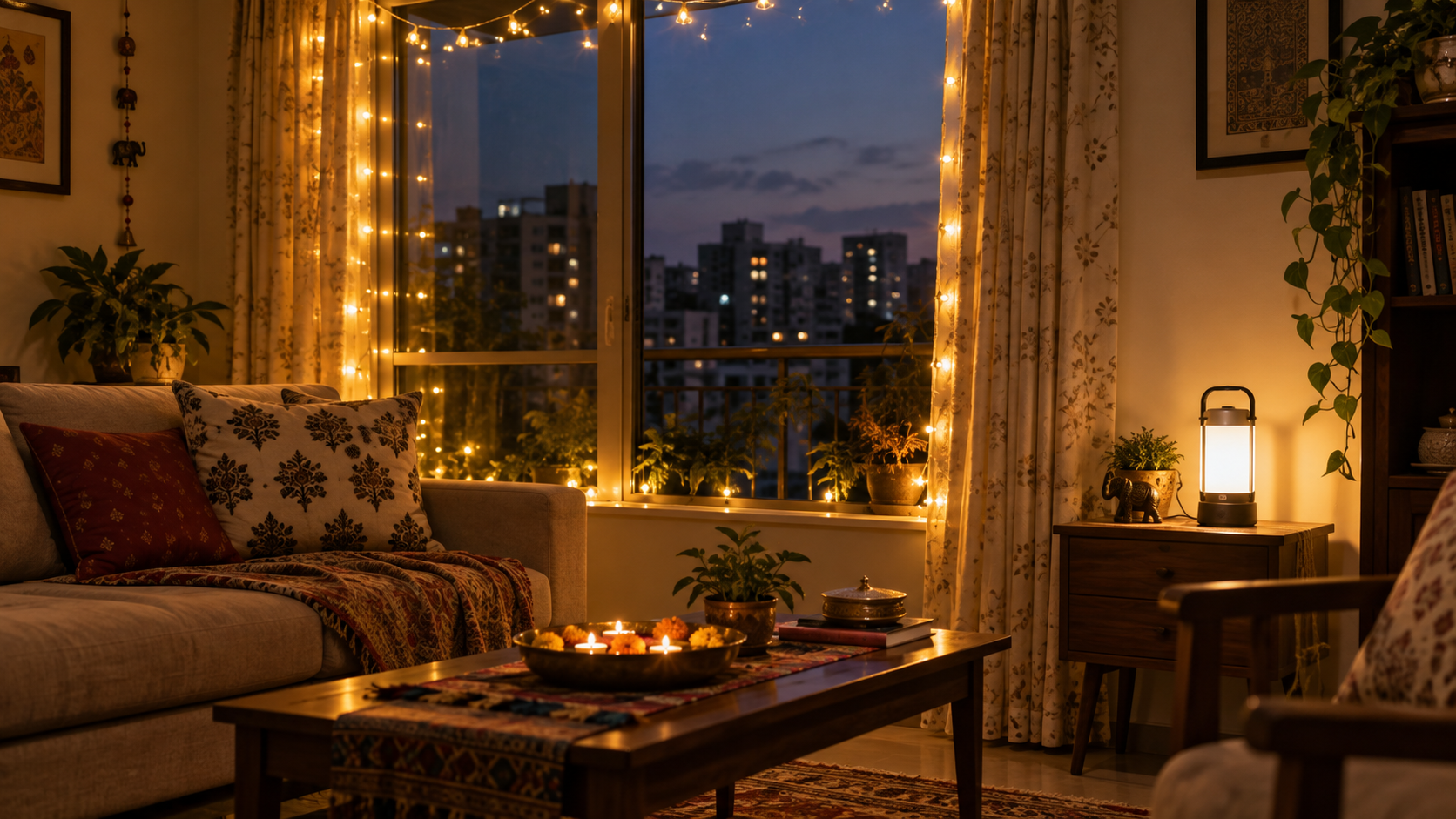 Illustration of warm decorative lights in a living room and a separate rechargeable lantern for backup lighting