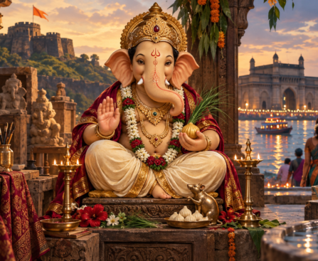 Ganapati history, Mumbai Ganeshotsav and traditional forms editorial illustration
