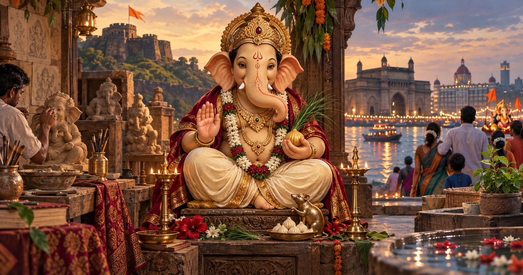 Ganapati history, Mumbai Ganeshotsav and traditional forms editorial illustration