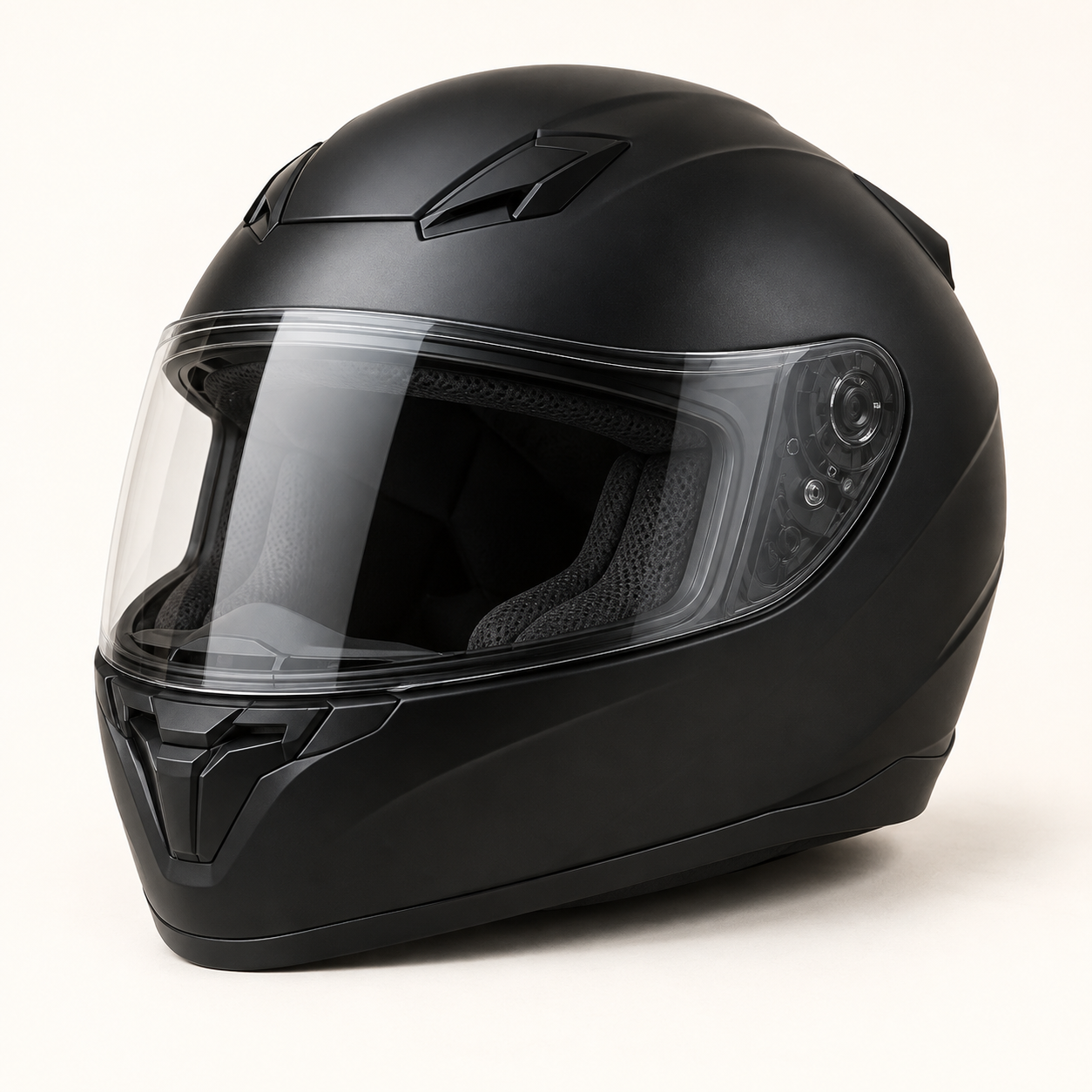 Editorial illustration of a generic black full-face motorcycle helmet; not the exact Vega Cliff product