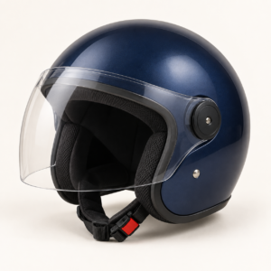 Editorial illustration of a generic blue open-face motorcycle helmet; not the exact STUDDS Ray Super product
